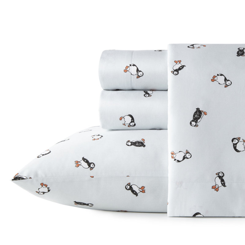 Ensemble de draps en coton percale Poppy & Fritz, Ensemble de draps grand lit + 2 taies d'oreiller, Bleu paradis macareux