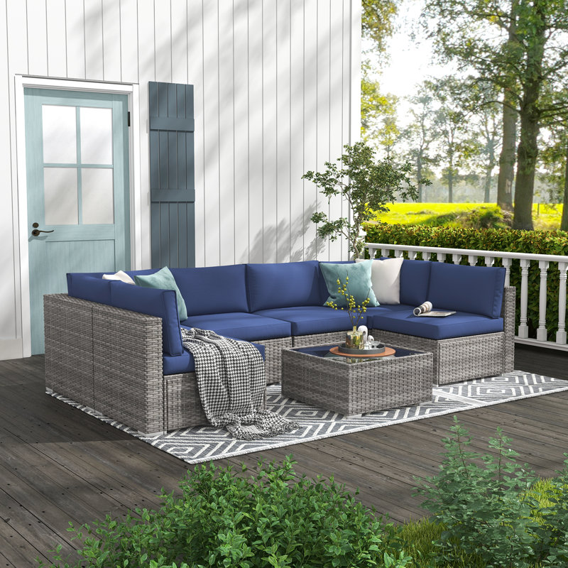 Algarin Wicker 6 - Person Modular Patio Conversation Set with Cushions, Navy Cushion/Gray Frame