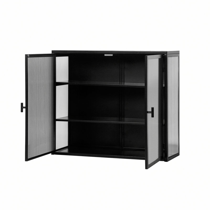 Armoire en métal, armoire murale, armoire de salle de bain avec tablette de rangement et portes en verre, Noir