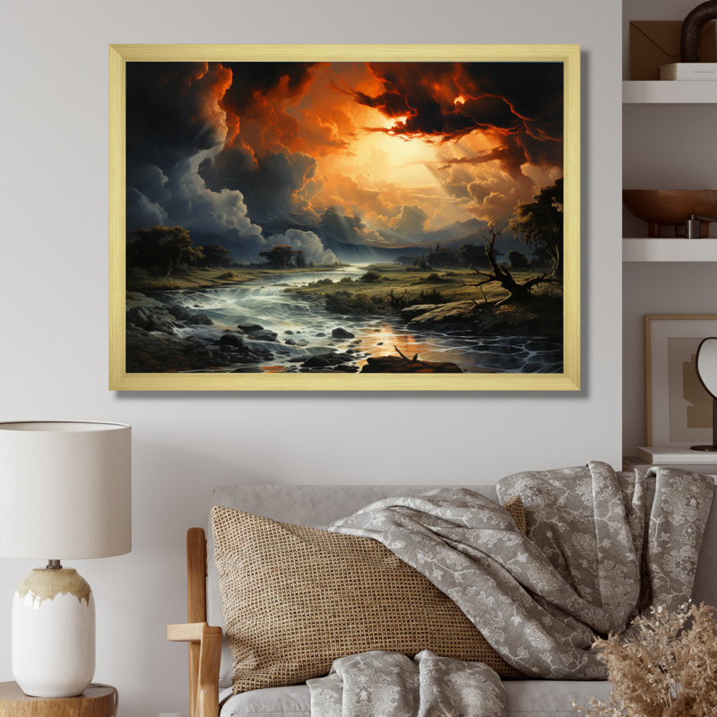 Tempête orange orangée éphémère sur toile, H 24 po x l 32 po x P 1 po, Cadre doré simple