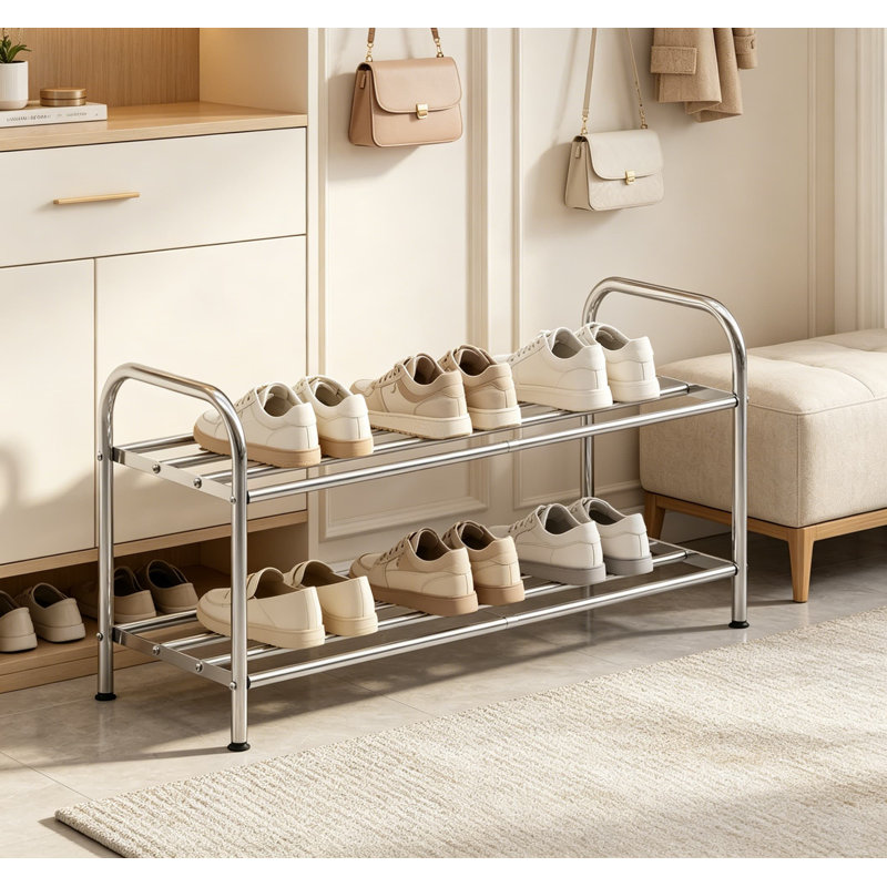 Range-chaussures extensible à 2 niveaux en acier inoxydable, longueur réglable de 15 à 27 pouces, conception à 4 tiges avec pieds de nivellement, tablette peu encombrante pour la salle de lavage du vestibule
