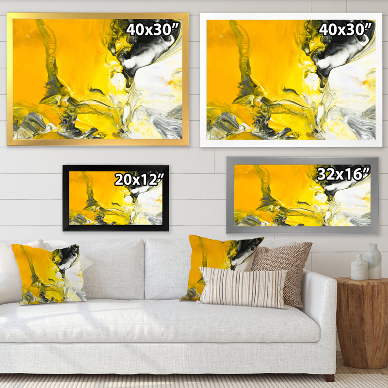 Jaune jaune, noir et blanc liquide, art - peinture sur toile, H 24 po x l 32 po x P 1 po, Cadre doré à coins fermés