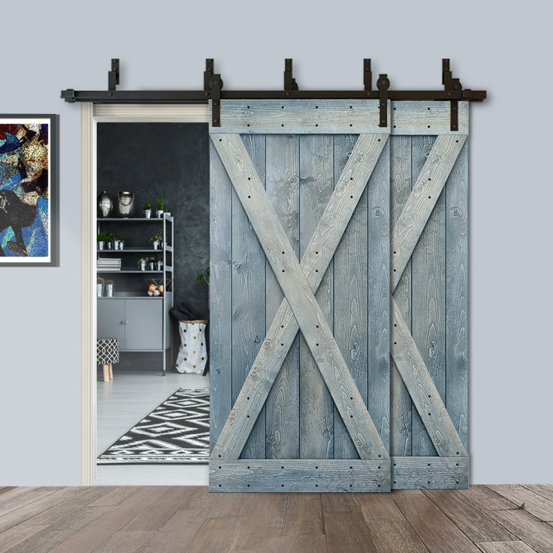 Ensemble de quincaillerie d'installation de porte de grange en bois lambrissé et en métal peint, 42 po x 84 po, Bleu denim
