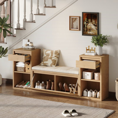 All-in-One Entryway Storage Bench with Cushion, Compartments, Drawers & Open Shelves, Storage Bench for Hallway, Mudroom, Living Room