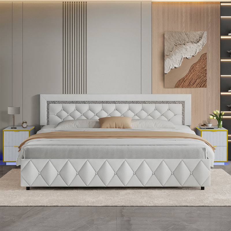 3 PC Faux Leather Diamond Tufted Platform Bed Set ,Bed Frame With Set Of 2 Modern Led End Table., White, King