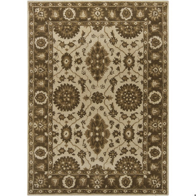 Cayman Authentic Hand-Tufted Handmade Beige, Medium & Dark Brown Traditional Bordered Floral Medallion Wool Area Rug