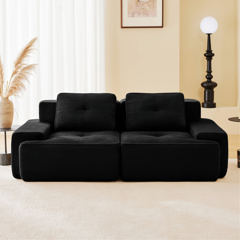 Canapé d'intérieur pour espace de vie, causeuse modulaire avec design capitonné, Velours côtelé noir, Noir