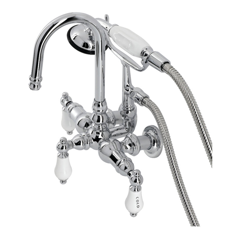 Kingston Brass Vintage Three-Handle 2-Hole Tub Wall Mount Clawfoot Tub Faucet with Hand Shower, Polished Chrome