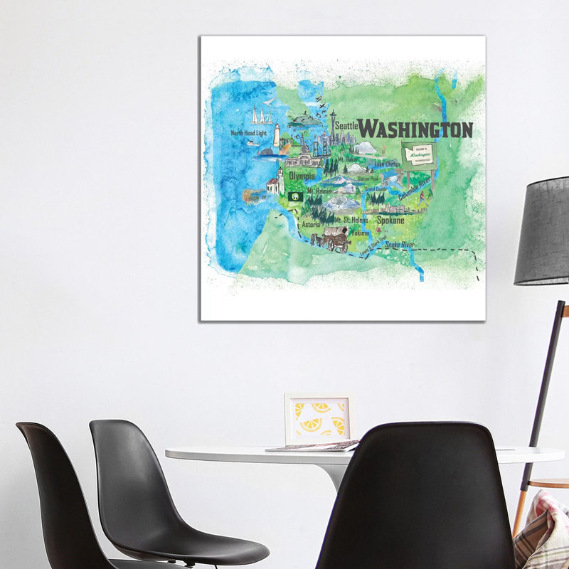 USA, Washington Illustrated Travel 1 Piece Wrapped Canvas Wall Art, 93.98 cm H x 93.98 cm W x 3.175 cm D