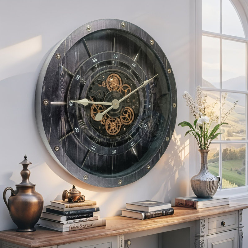 THE GEARS CLOCK Wall Clock with Real Moving Gears FR-LI_ 32 in Round, Vintage Black