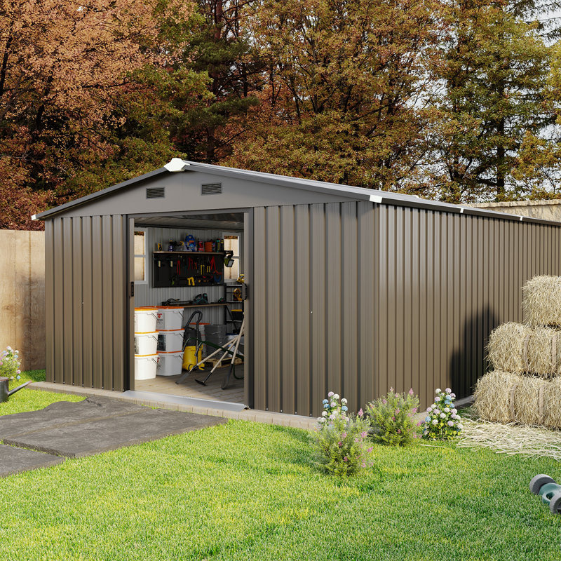 Remise d'extérieur en métal avec fenêtres et évents, Brun