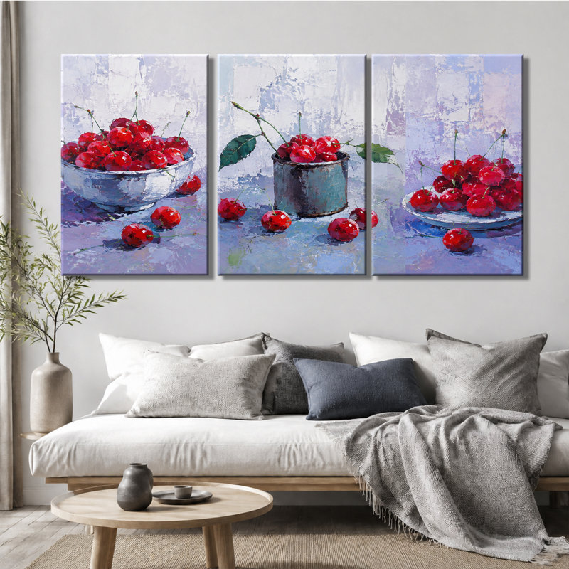 3 panneaux d'art mural sur toile Vivid Cherry Fruit Still Life, 28 * 40 pouces * 3