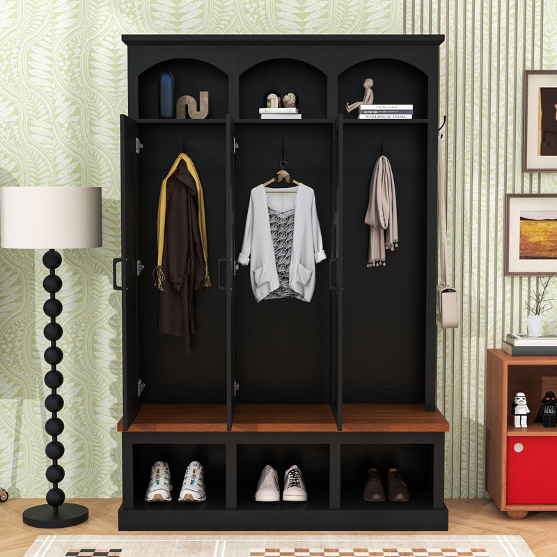Farmhouse Arched Hall Tree with Storage Bench, 3 Cabinets and 5 Hooks, Black