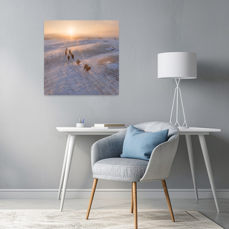«Sunrise Desert Camels Abstract Contemporary Landscape Nature», reproduction d'art murale, H 24 po x l 24 po