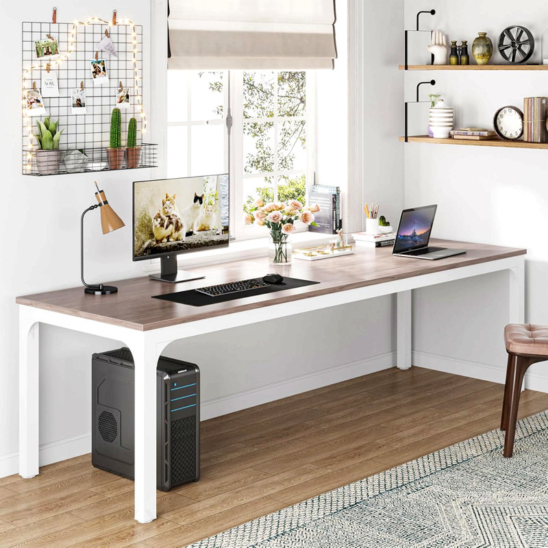 Bureau d'ordinateur extra long 78,7 po pour 2 personnes, pieds en acier robuste chêne et blanc, poste de travail collaboratif moderne