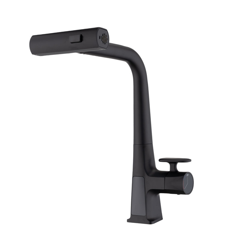 Matte Black Waterfall Kitchen Faucet with LED Temperature Display and Timer