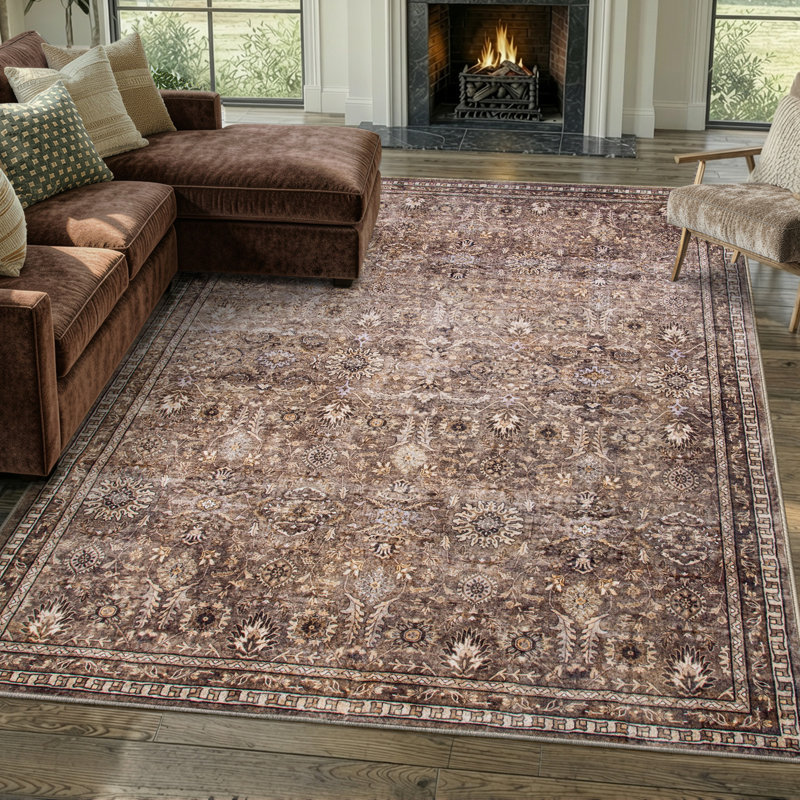 Watte Vintage Floral Border Washable Area Rug with Non-Slip Backing for Living Room & Bedroom, Rectangle 8' x 10'