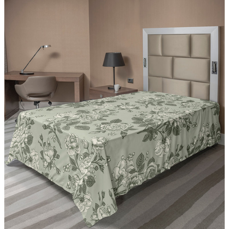 Ambesonne Top Flat Sheet Curving Art, Twin XL Flat Sheet, Sage Green Floral