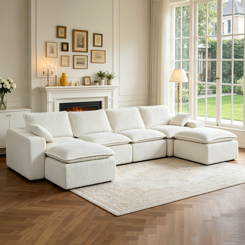 Canapé modulaire en forme de U 137 po. Canapé modulaire en velours côtelé beige pour salon, canapé 6 places Cloud, coussin de siège profond
