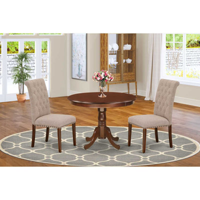 3 Piece Dining Set Contains a Round Dining Room Table with Pedestal and 2 Light Tan Linen Fabric Upholstered Parson Chairs, 42x42 Inch, Mahogany
