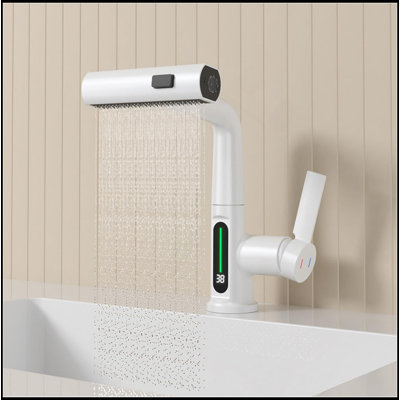 Pull-Out Lift LED Temperature Digital Display Bathroom Basin Faucet, Single Handle 360° Rotatable Waterfall 3-In-1 Basin Tap With Adjustable Height - White