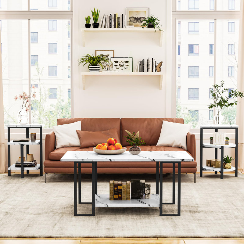 Ensemble de tables basses 3 pièces en faux marbre - Rangement à plusieurs niveaux, ensemble de table de salon moderne nordique pour petits espaces et appartements