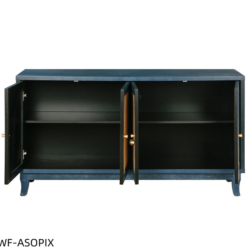 Buffet Modern Rattan - 4 portes tissées, tablettes réglables, armoire de rangement bleue de 60 po
