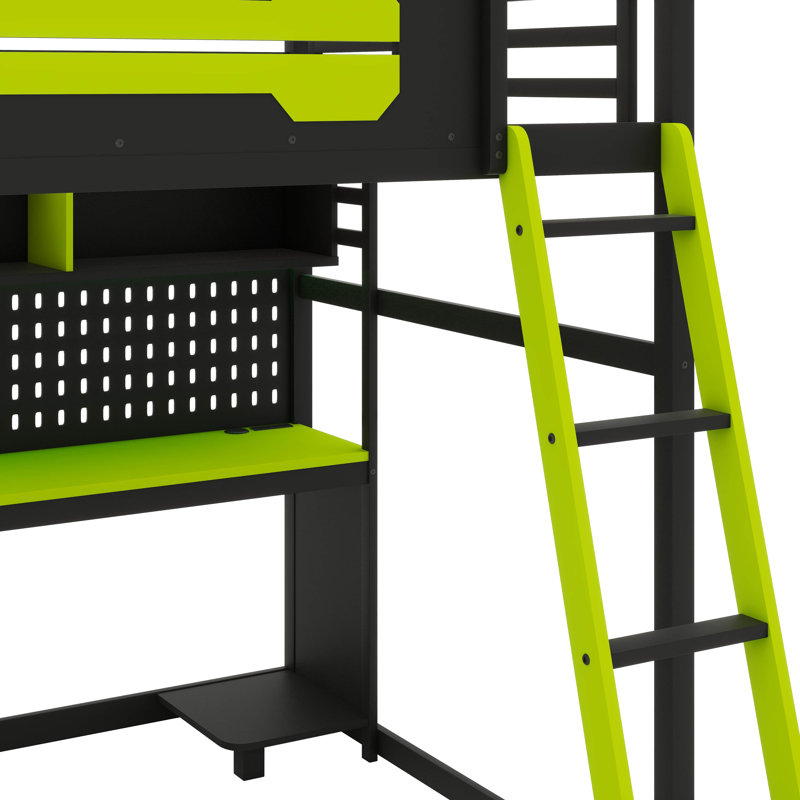 Structure contemporaine pour lit mezzanine double pleine grandeur, avec bureau, tablettes de rangement, lumières DEL, ports USB et panneau perforé