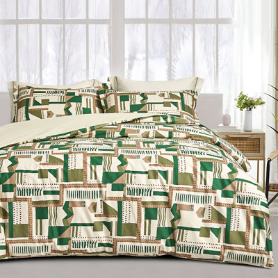 SLEEPBELLA Comforter King Size, 600 Thread Count Cotton White Printed With Green & Brown Geometric Comforter Set, Down Alternative Bedding Set 3Pcs(King, Green Geometric)