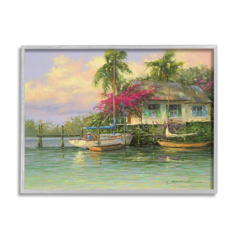 Maison de bord de mer tropicale, estampe numérique par Martin Figlinski, H 24 po x l 30 po x P 1,5 po, Encadré gris