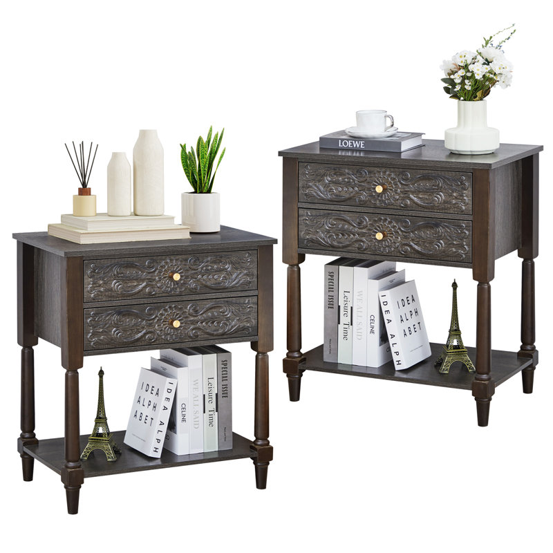 Tables de chevet 2 tiroirs 27,55 po, Noir/gris