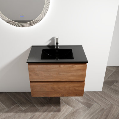 Meuble-lavabo de 30 po avec lavabo en céramique noire. 2 tiroirs à fermeture en douceur. Fixation murale. Avancement contemporain. Lavabo en contreplaqué. Requête moderne à fermeture en douceur.