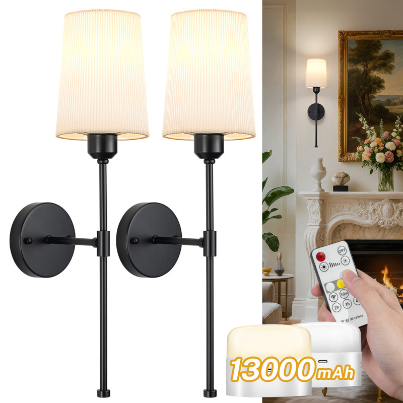 Battery Operated Wall Sconce Set Of 2,White, Matte Black