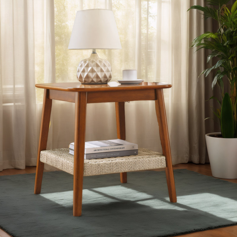 Boho 23" Mid-Century Side Table with Woven Shelf, Storage, Perfect for Living Room, Couch, Patio, Home Office, Bedside