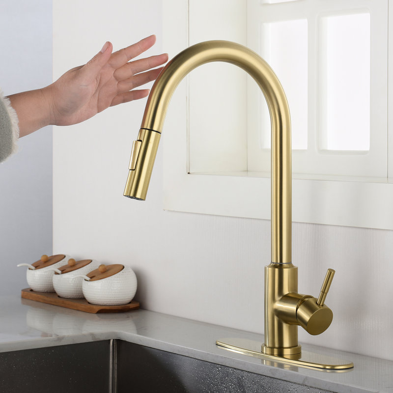 Pull Down Kitchen Faucet With Touch Function, Single Lever For Precise Water Temperature And Flow Management, 360 Rotating High - Arc Nozzle, Brushed Gold Stainless Steel Dirt Finish, Aerators A