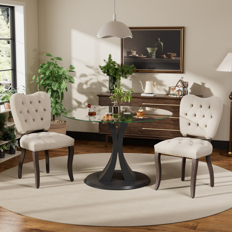 Ensemble de salle à manger rond en verre trempé avec chaise capitonnée rembourrée, Beige, 3