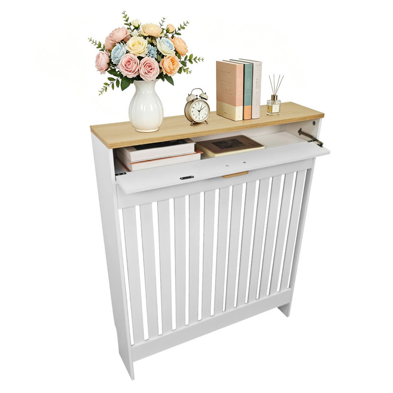 Radiator Cover with Built-In Drawer and Lift Top Shelf, White Frame with Wood-Effect Top, 112cm Wide x 19cm Deep x 95.5cm High