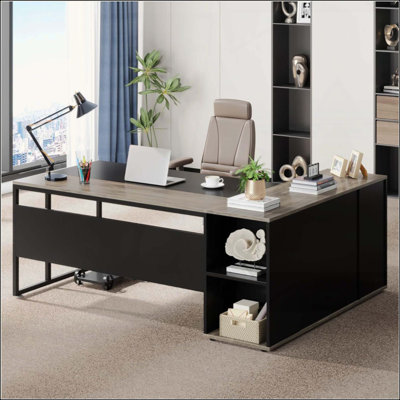 Bureau de direction, bureau en L avec rangement pour armoire, table de bureau avec tablettes, poste de travail