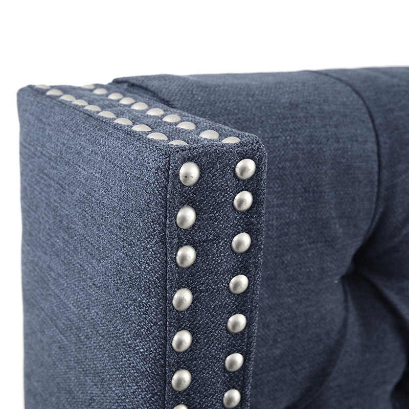 Upholstered Headboard For Queen, Button With Double Nailhead Trim, Navy Upholstery, Adjustable Black Metal Legs Queen Bed Tufting And Height,