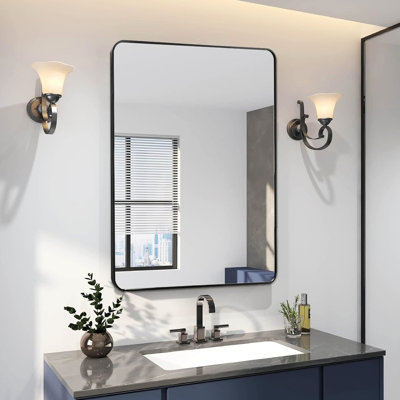 Miroir mural 24 po x 36 po noir pour salle de bain - verre de 4 mm de hauteur, cadre en métal rouillé, film, bris contemporain contemporain, installation simple
