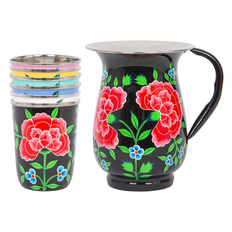 East Urban Home Hand-Painted Picnic Water Jug with 300ml Multicolour Cups - 1.7L - Mint Peony, Black