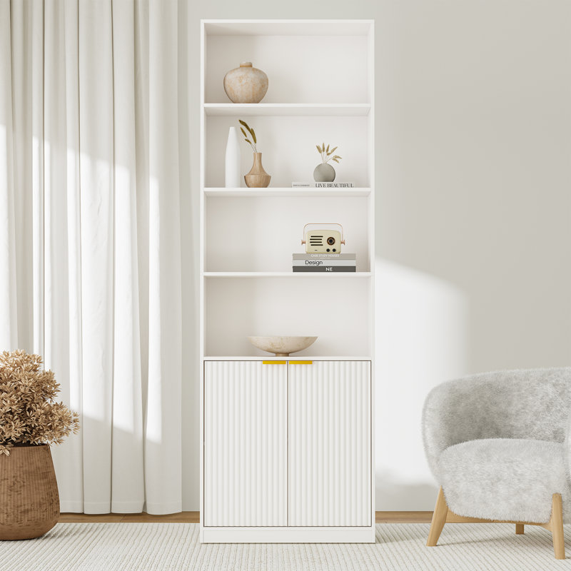 69" Tall Bookshelf with Fluted Doors, 6-Tier Modern Bookcase and Storage Cabinet, Display Shelves with Anti-Tip Kit for Living Room, Bedroom, and Home Office Decor