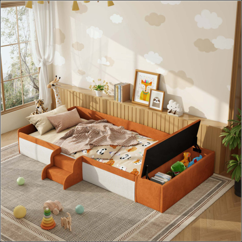 Velvet Upholstered Daybed With Stairs & Gas Lift Storage Ottoman, Contrast Color, Padded Guardrails, Brown/White, Twin