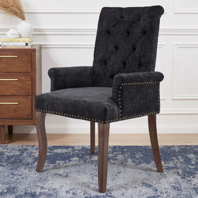 Chaise d'appoint rembourrée en chenille avec dossier capitonné et pieds courbés en bois massif | Élégant fauteuil club pour salle à manger, cuisine et salon, paquet simple