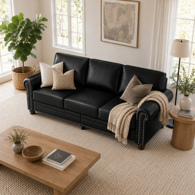 83-Inch Faux Leather Sofa with Integrated Storage, Rolled Arms, Nailhead Trim, Removable Back Cushion Covers and Six-Leg Support