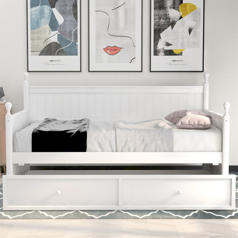 Lit de jour simple en bois avec lit gigogne simple, parfait pour les solutions de couchage peu encombrantes et polyvalentes dans n'importe quelle maison.