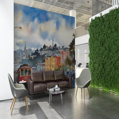 Watercolor San Francisco Cable Car Cityscape Wall Mural Wallpaper – Colorful Urban Street Scene Wall Decor