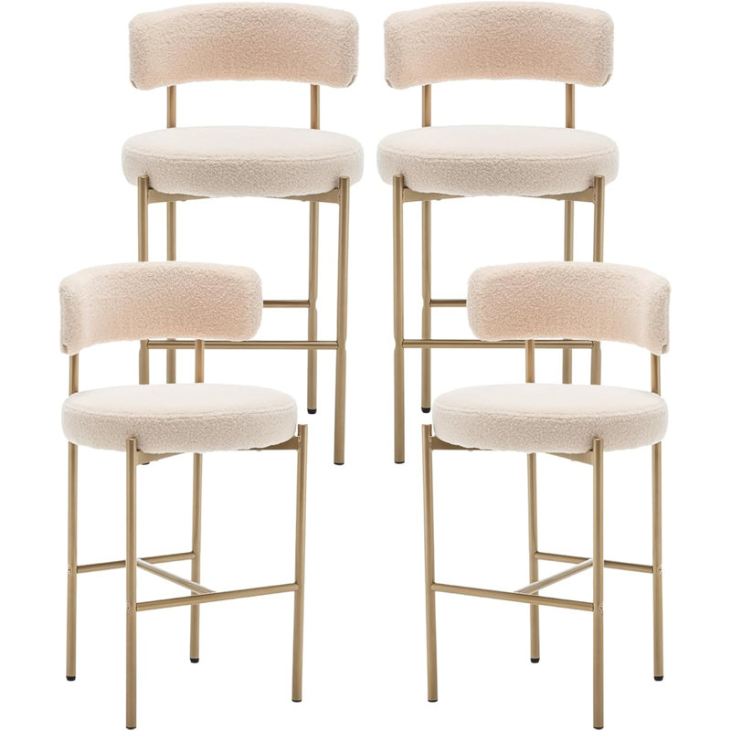 Gold Boucle Bar Stools Set Of 4, 26" Modern Counter Stools With Backs, Upholstered Barstools For Kitchen Island, Bar, Cafe
