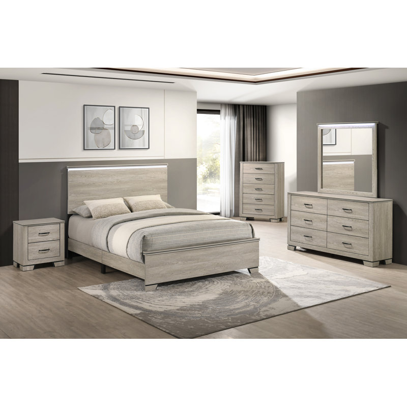 Ensemble de chambre à coucher rustique avec tête de lit à DEL, Trois articles : lit, deux tables de chevet, Grège, Très grand