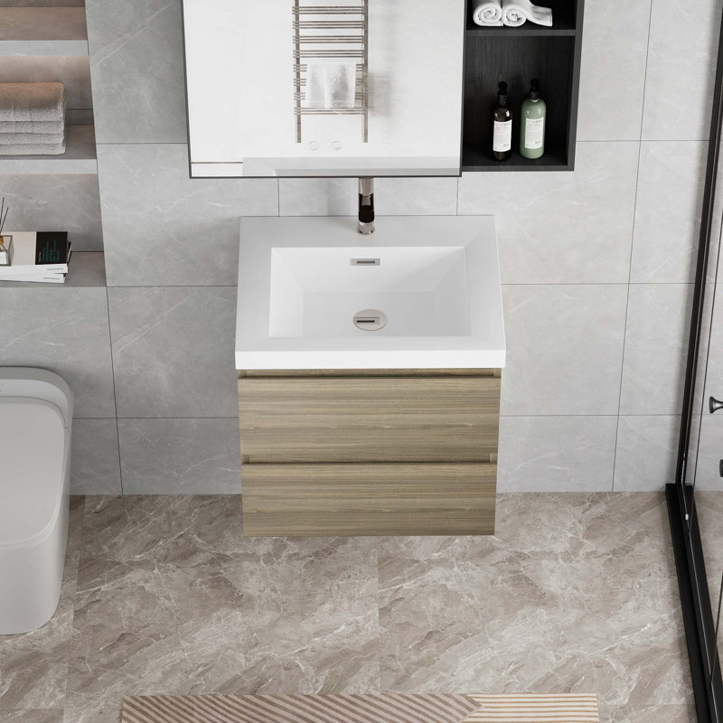 Meuble-lavabo flottant avec lavabo, meuble-lavabo mural moderne avec lavabo en résine et tiroirs à fermeture en douceur, Gris